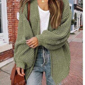 Solid Drop Shoulder Open Front Cardigan Army Green